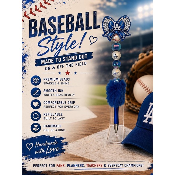 Other - Blue Baseball Inspired Beaded Pen | Baseball Bow Pen | Gift for Her